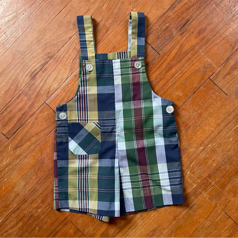 Vintage 60s Healthtex Matching Sibling Pair Toddler Plaid Shortalls, 2T & 3T